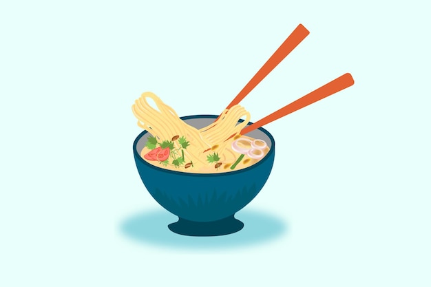 Fideos ramen con verduras en una ilustración de vector de tazón