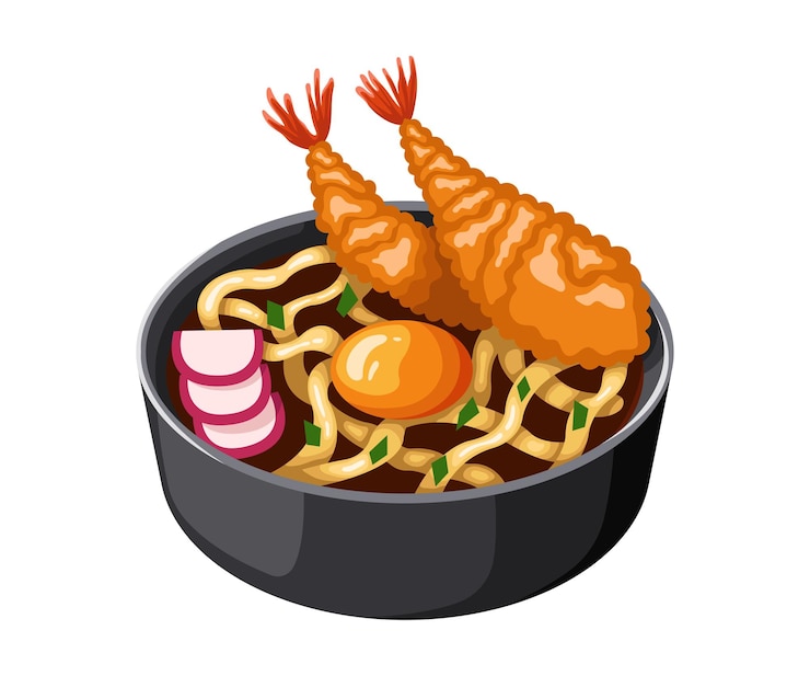 Vector fideos udon con gambas cebolla y huevo