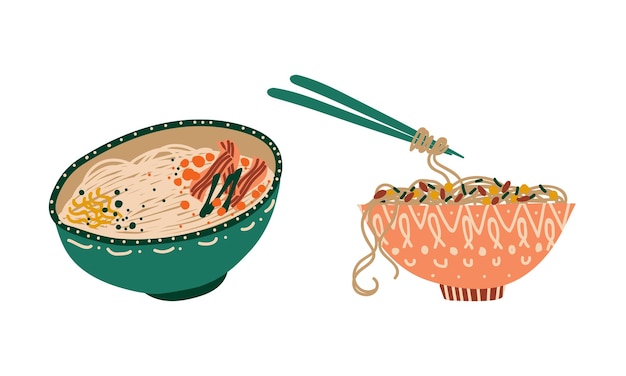 Los fideos Udon preparados y revueltos se sirven en un conjunto vectorial de tazón de cerámica