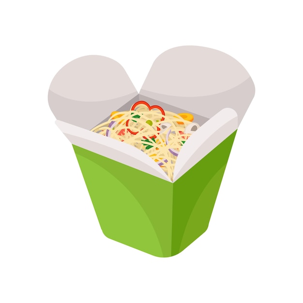 Fideos con verduras en caja verde sobre fondo blanco.