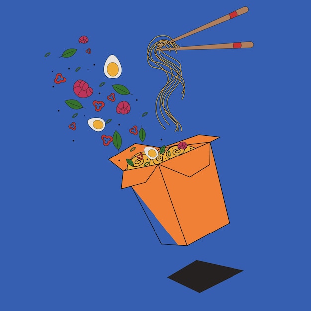 Fideos wok chinos para llevar Ilustración de comida asiática con huevos, verduras y gambas
