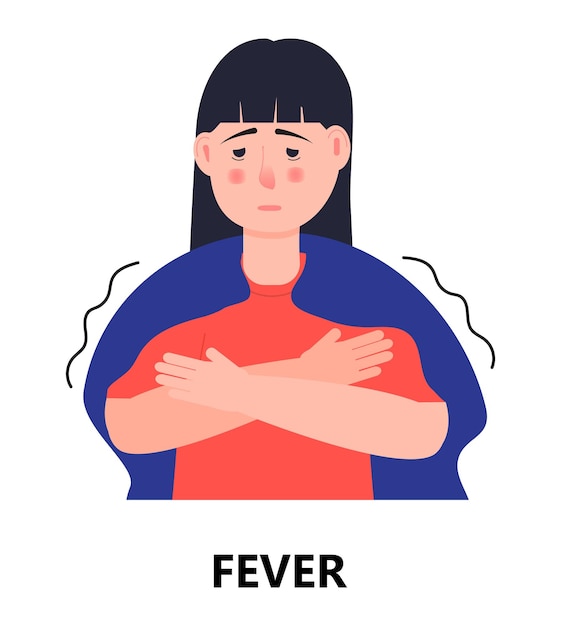 Fiebre alta del vector de icono de niña Se muestra el síntoma del coronavirus del resfriado de la gripe