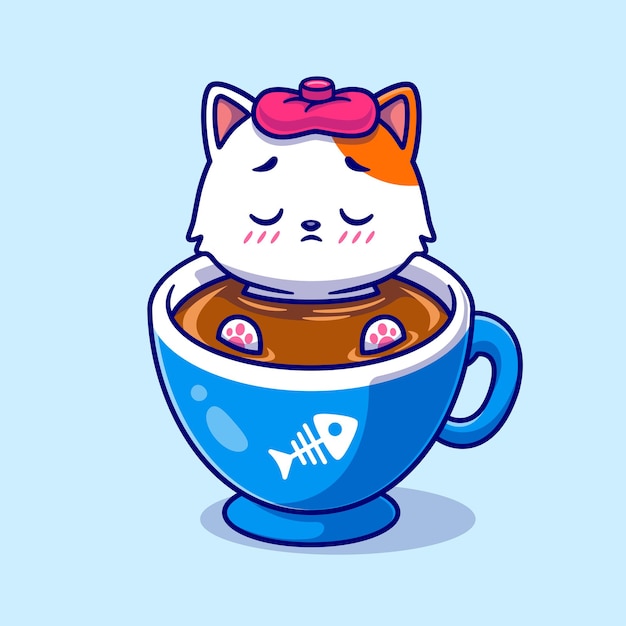 Fiebre de gato lindo en ilustración de icono de vector de dibujos animados de café. Concepto de icono de comida para animales Vector Premium aislado. Estilo de dibujos animados plana