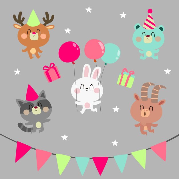 Fiesta de animales del bosque en diseño plano
