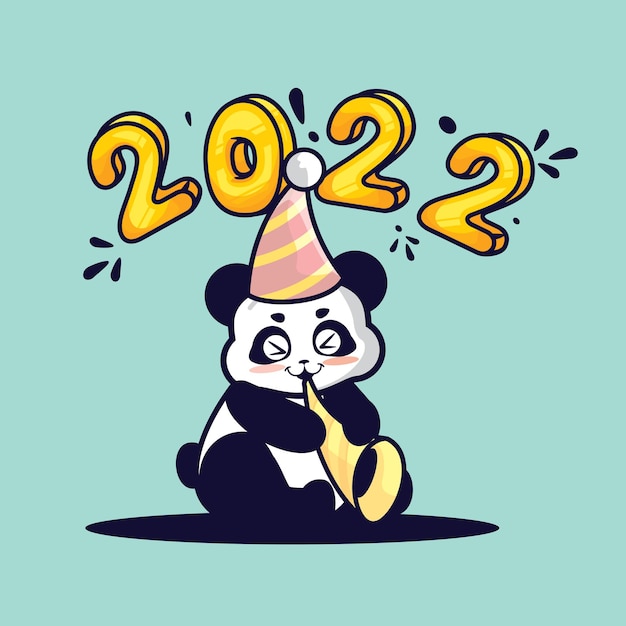 fiesta de año nuevo en vector de mascota de dibujos animados lindo panda soplando trompeta