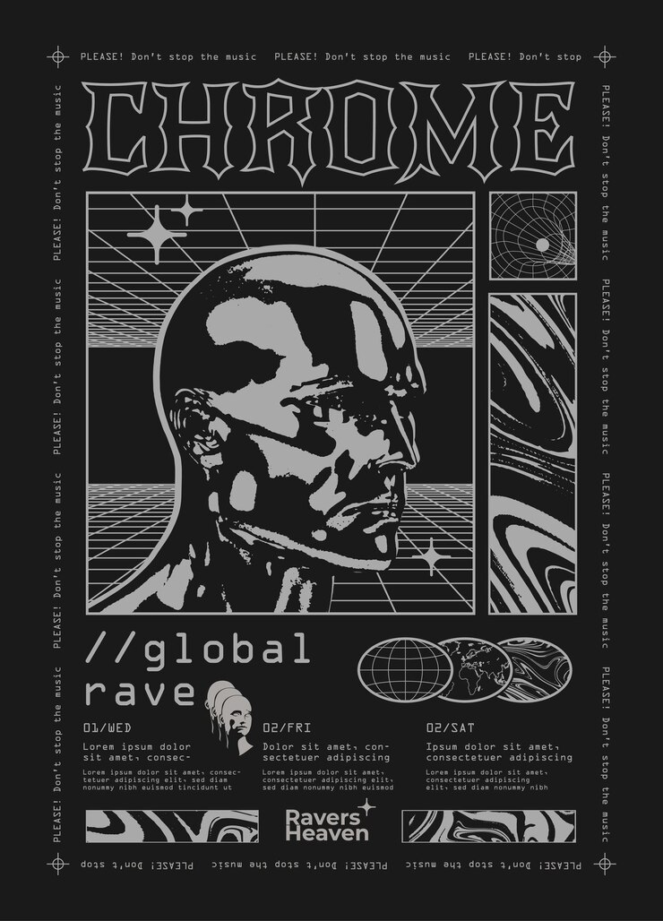 Fiesta de baile vintage o cartel rave de música electrónica o volante o plantilla de diseño de impresión de camiseta