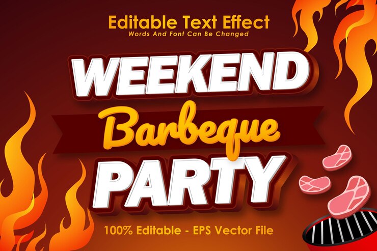 Vector fiesta de barbacoa de fin de semana efecto de texto editable relieve de 3 dimensiones estilo de dibujos animados