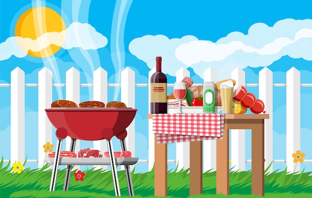 Fiesta de barbacoa o picnic. Mesa con botella de vino, verduras, queso, lata de cerveza. Parrilla eléctrica con parrillero. Cocinar bistec, carnes y embutidos, asar a la parrilla. Estilo plano de ilustración vectorial