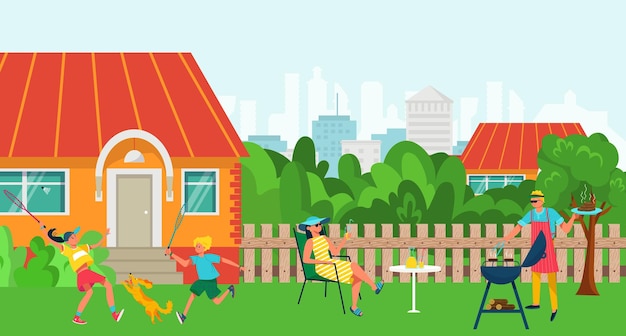 Fiesta de barbacoa en el patio trasero de la familia ilustración vectorial hombre plano mujer personaje hacer picnic juntos ocio al aire libre con padre madre