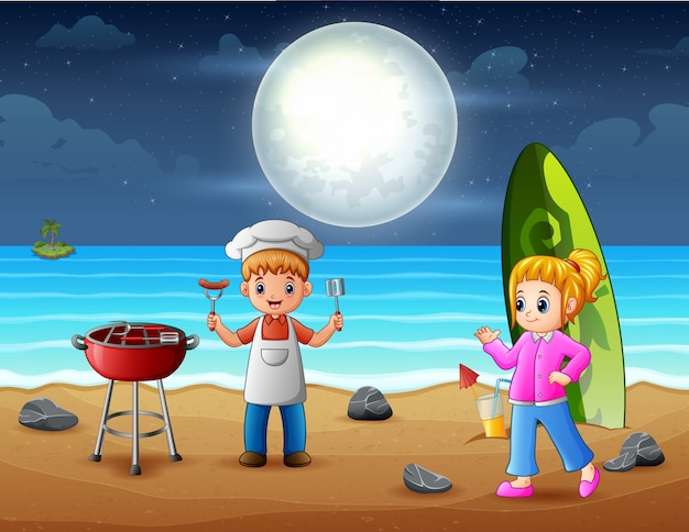 Vector fiesta de barbacoa en la playa con niños felices