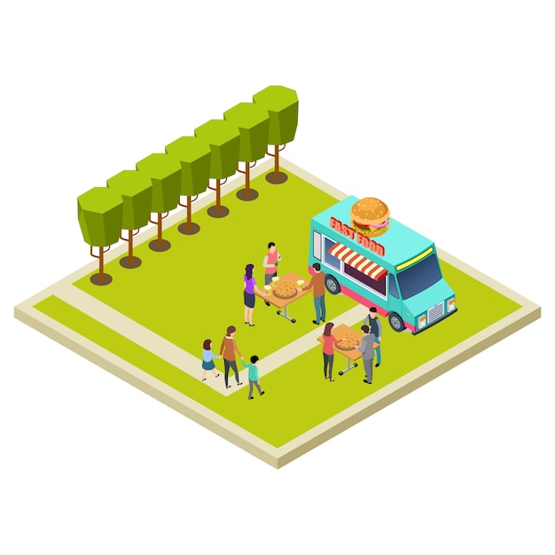 Fiesta de barrio en el parque con hamburguesas isométrica vector ilustración de ubicación