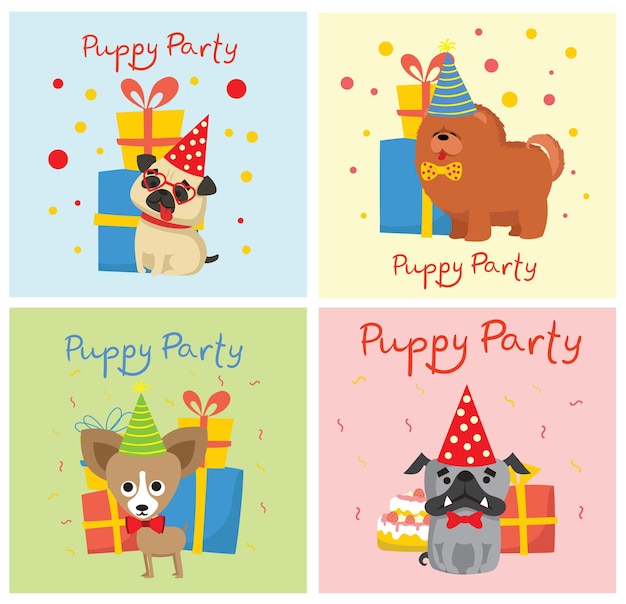 Fiesta de cachorros y lindas tarjetas de felicitación con regalos y cachorros ilustración de estilo plano de perro