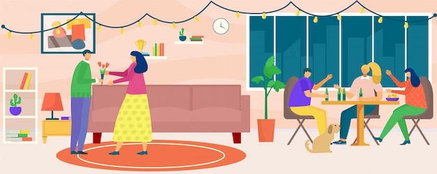 Fiesta en casa, ilustración. hombre mujer personaje de personas en casa juntos, persona joven amigo en la habitación del apartamento. Bebida del grupo masculino femenino, diviértase interior interior.