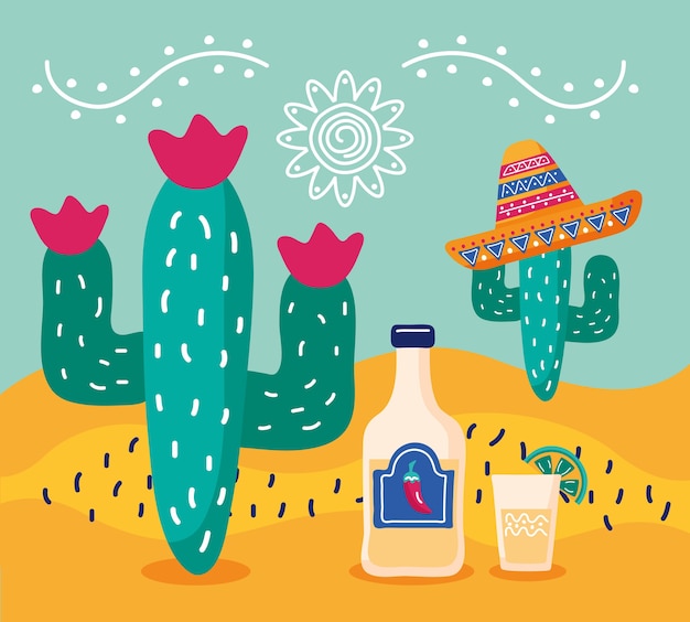 Fiesta de celebración de méxico con cactus con sombrero de mariachi y botella de tequila