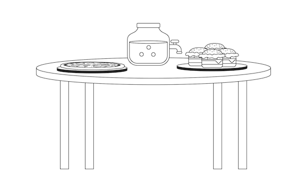Fiesta de comida rápida y frasco de ponche con grifo en la mesa objeto vectorial plano monocromo Comer comida rápida icono de línea delgada en blanco y negro editable Ilustración simple de clip art de dibujos animados para diseño gráfico web