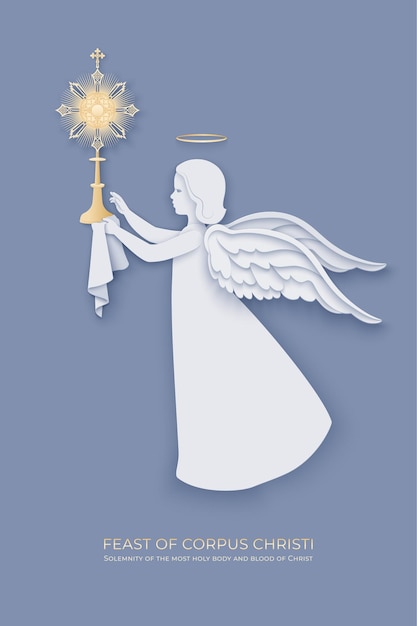Fiesta del Corpus Christi con ángel en capas de papel sosteniendo una custodia