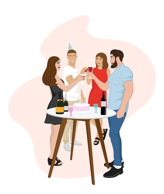 Fiesta de cumpleaños celebración de dibujos animados hombre y mujer felices vacaciones festivas mujeres alcohol vino clink vasos celebración postre de velas felicitación ilustración vectorial