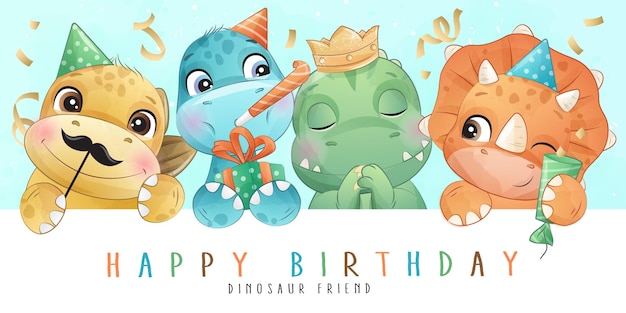 Fiesta de cumpleaños de celebración de dinosaurio lindo en ilustración de estilo acuarela