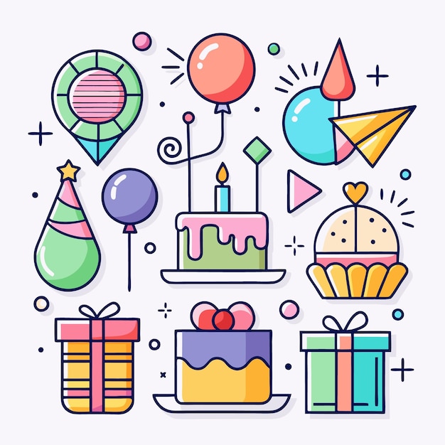 Fiesta de cumpleaños colorida con regalos de pastel y globos
