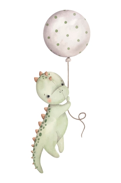 Fiesta de cumpleaños de dinosaurios Ilustración dibujada a mano en acuarela con un bebé dino colgando de un globo