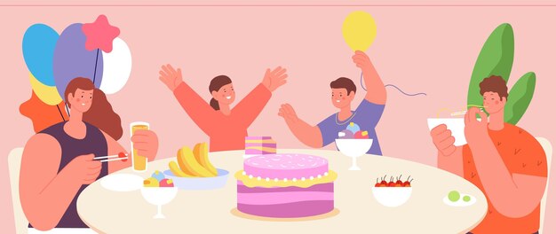 Fiesta de cumpleaños Familia celebrando mujer hombre y niños comiendo juntos Feliz almuerzo o cena en casa Comida festiva y bebidas ilustración vectorial
