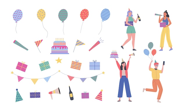 Fiesta de cumpleaños festiva set con objetos cajas de regalo y globos de confeti y pastel de banderas