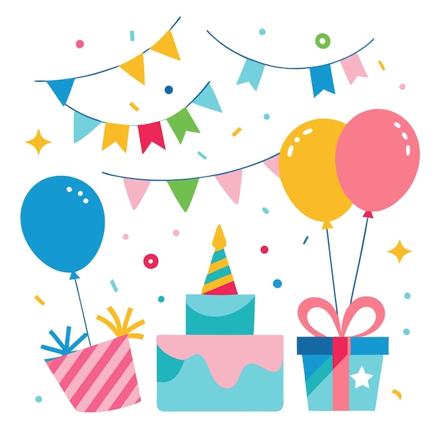 una fiesta de cumpleaños con globos y un gorro de fiesta