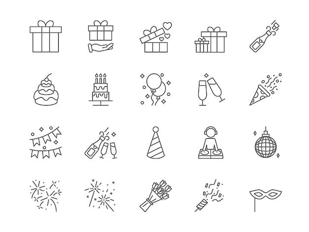 Fiesta de cumpleaños Iconos de eventos felices Bola de línea y caja de regalos Pastel de fiesta Cracker de confeti DJ y copa de champán Botella de bebida Símbolos de fuegos artificiales Contorno vectorial Pictogramas establecidos