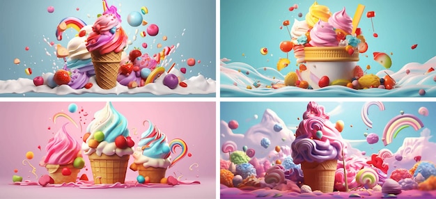 Vector fiesta de cumpleaños leche hielo diversión pastelería lácteos bocadillo crema fresa cupcake ilustración helado