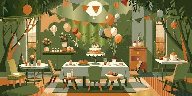 Vector una fiesta de cumpleaños con un pastel y un pastel en la mesa