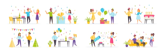 Fiesta de cumpleaños con personajes de personas en diversas escenas y situaciones.