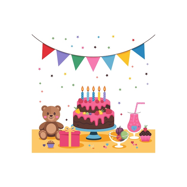 Fiesta de cumpleaños con regalos de pastel y decoraciones