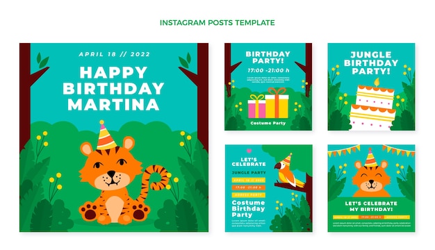 Vector fiesta de cumpleaños de la selva de diseño plano dibujado a mano