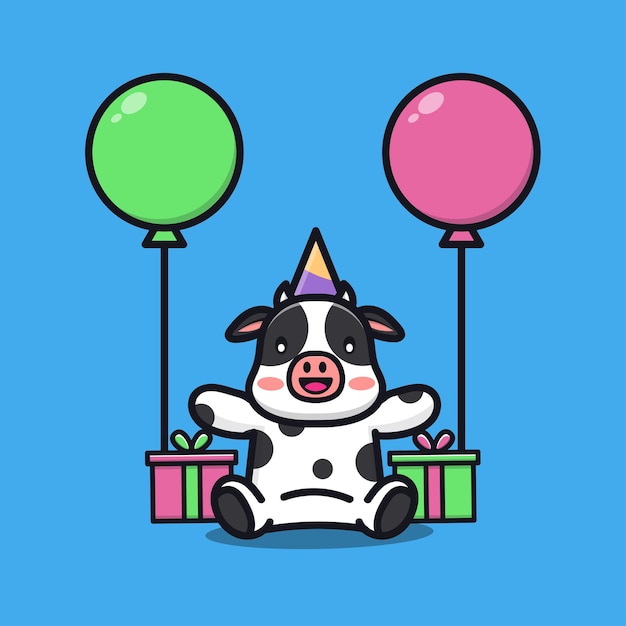 Fiesta de cumpleaños de vaca linda con ilustración de dibujos animados de regalo y globo