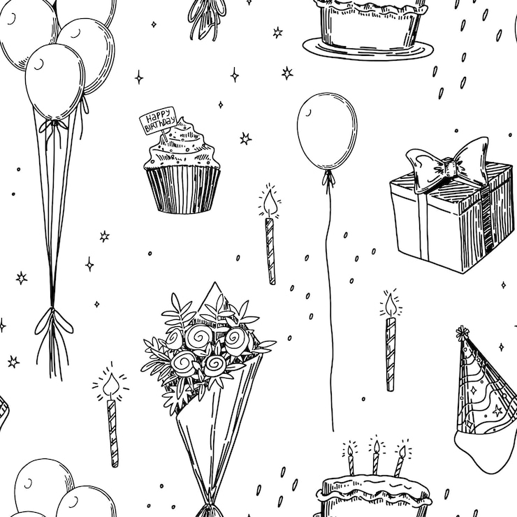 Vector fiesta de cumpleaños vector de patrones sin fisuras esquema ilustraciones de pastel velas regalo ramo globos estilo retro ornamento