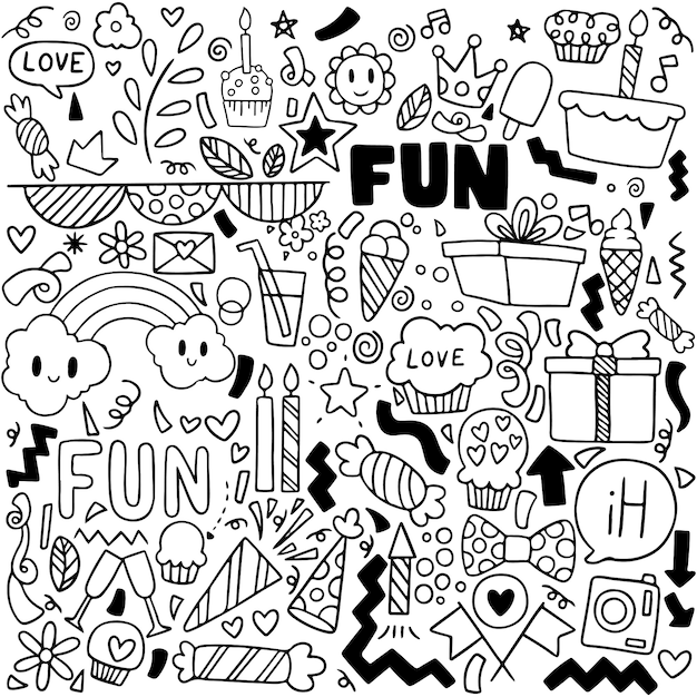 fiesta doodle tarjeta de felicitación de feliz cumpleaños con elementos de dibujo