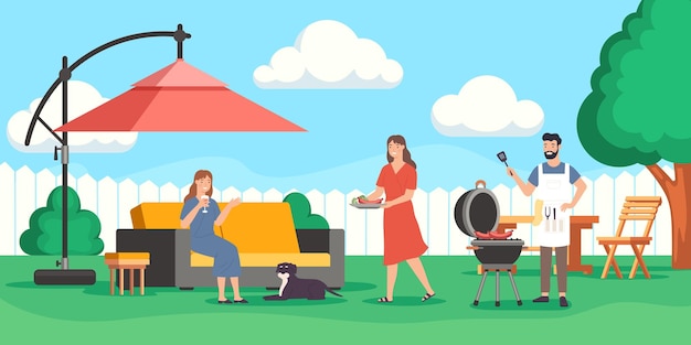 Fiesta familiar con barbacoa Hombre asando salchichas al aire libre Esposa sirviendo la cena a una amiga Chica relajándose