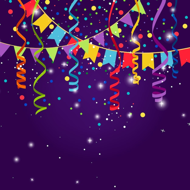 Fiesta feliz o fondo azul festivo con guirnaldas de bandera. Banderas triangulares, confeti del empavesado y cuerdas serpentinas de papel para la celebración del jubileo.