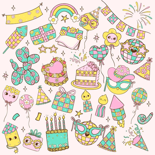 Fiesta de fiesta de pastel celebración de Año Nuevo y cumpleaños icono de dibujos animados dibujado a mano
