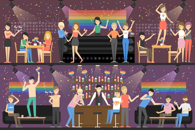 Vector fiesta gay en el set del club gente divirtiéndose