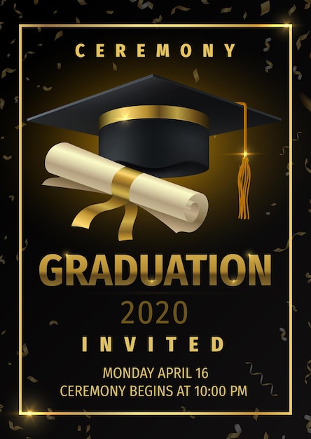 Fiesta de graduación. Cartel de invitación de celebración de graduación, volante de felicitaciones y saludos con gorra negra y confeti. Banner de educación de tarjeta de diploma de vector con cinta dorada