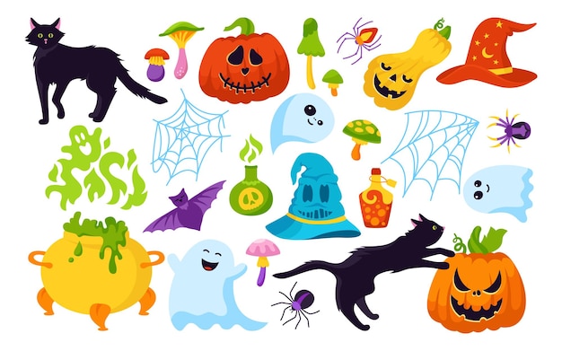 fiesta de halloween cómic horror dibujos animados set gato calabaza sombrero telaraña bruja mágica murciélago mago poción