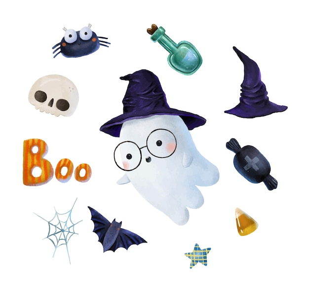 Fiesta de Halloween conjunto de elementos de halloween Calabaza caldero de brujas fantasmas de caramelo ojos de caramelo calaveras