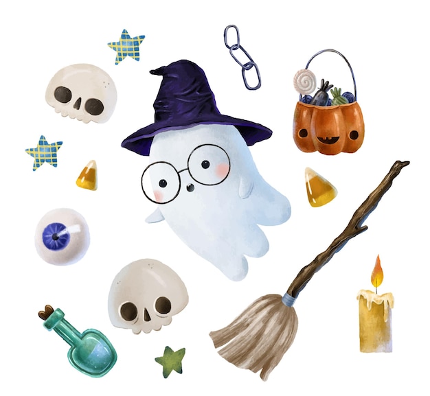 Fiesta de Halloween conjunto de elementos de halloween Calabaza caldero de brujas fantasmas de caramelo ojos de caramelo calaveras