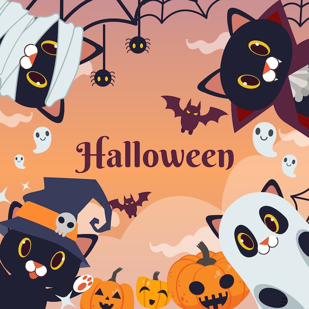 La fiesta de halloween para el grupo de amigos de gato negro usa disfraz de fantasía.