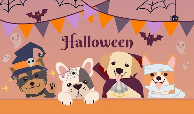 Vector la fiesta de halloween para un grupo de amigos de perros viste un disfraz de fantasía al estilo vectorial plano.