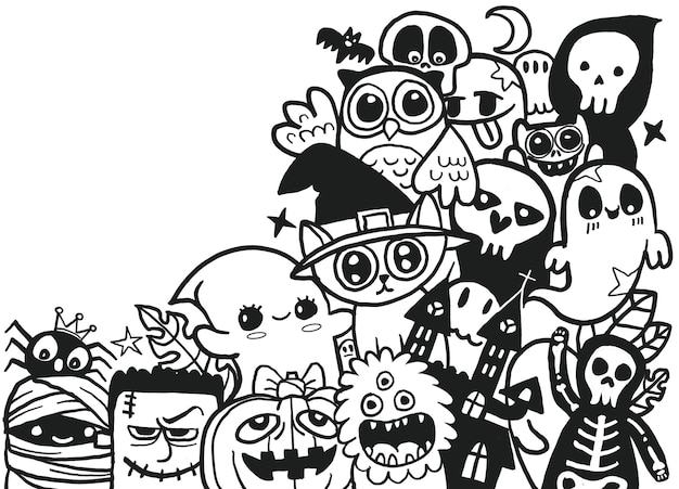 Fiesta de halloween ilustración de colección de halloween de doodle lindo monstruo con espacio de copia