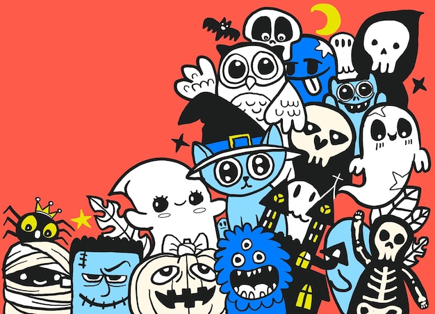 Fiesta de halloween ilustración de colección de halloween de doodle lindo monstruo con espacio de copia