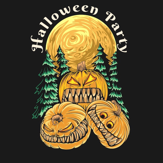 Fiesta de halloween, ilustraciones de diseño de camiseta de halloween de calabaza espeluznante