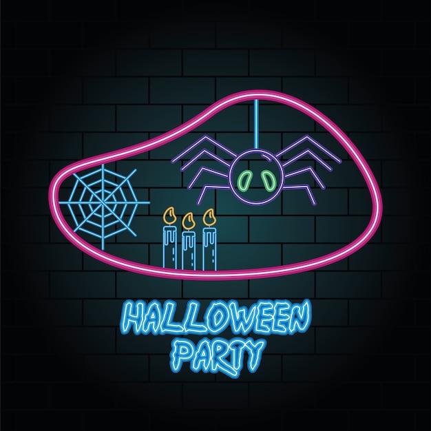 Fiesta de halloween luz de neón de araña colgante, diseño de ilustraciones vectoriales
